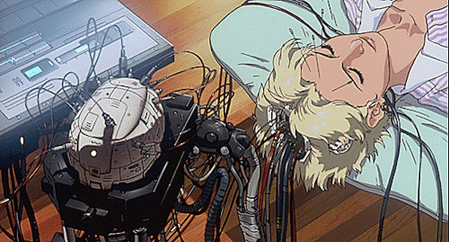 Animated illustration of a person beside a cybernetic machine.