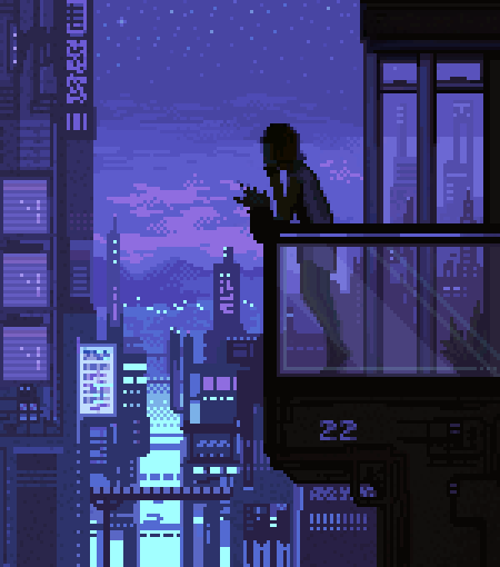 Animated pixel-art city balcony at twilight.