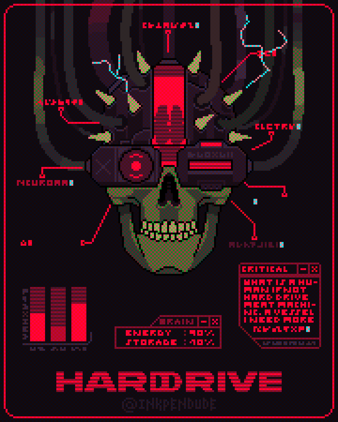 Animated neon cyber hardware skull illustration.