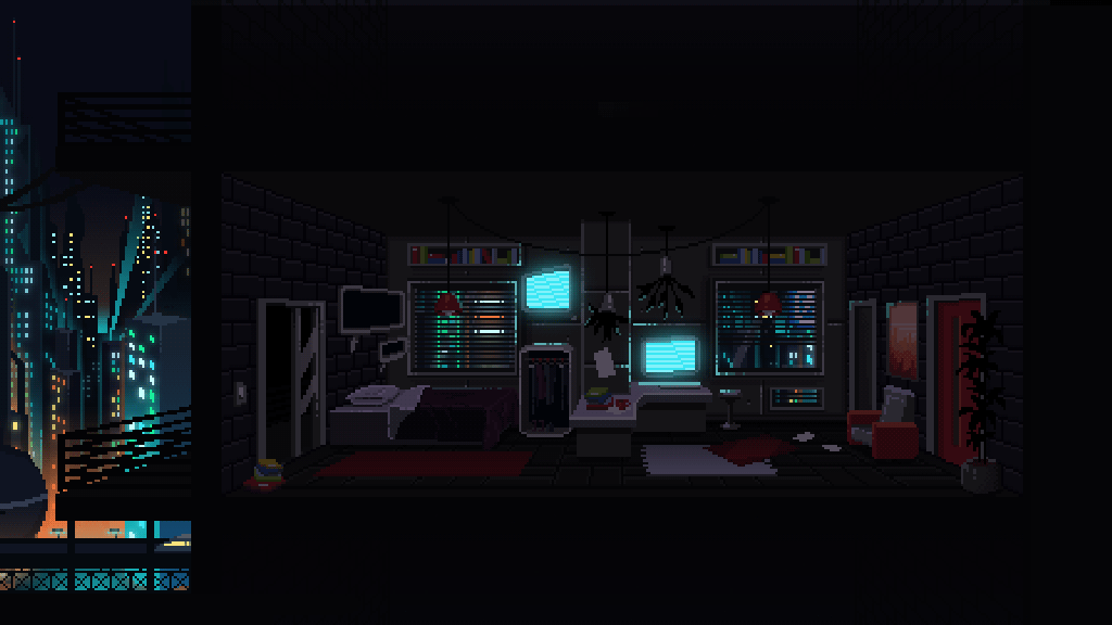 Animated pixel-art cyberpunk room with glowing computer screens.