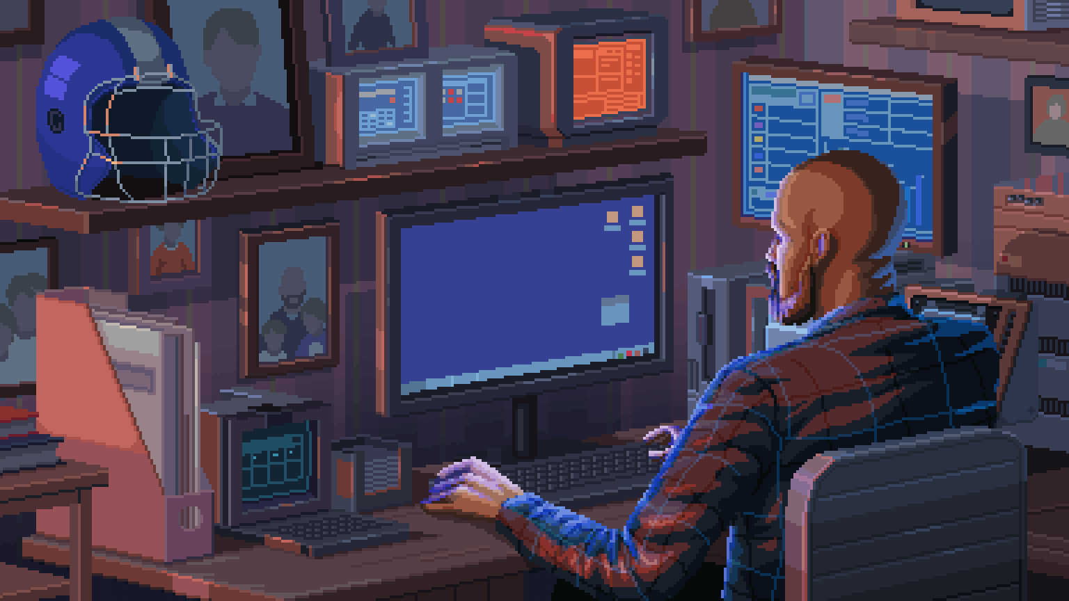 Animated pixel-art developer workstation with multiple screens.