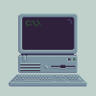 Animated pixel-art desktop computer with a command prompt.