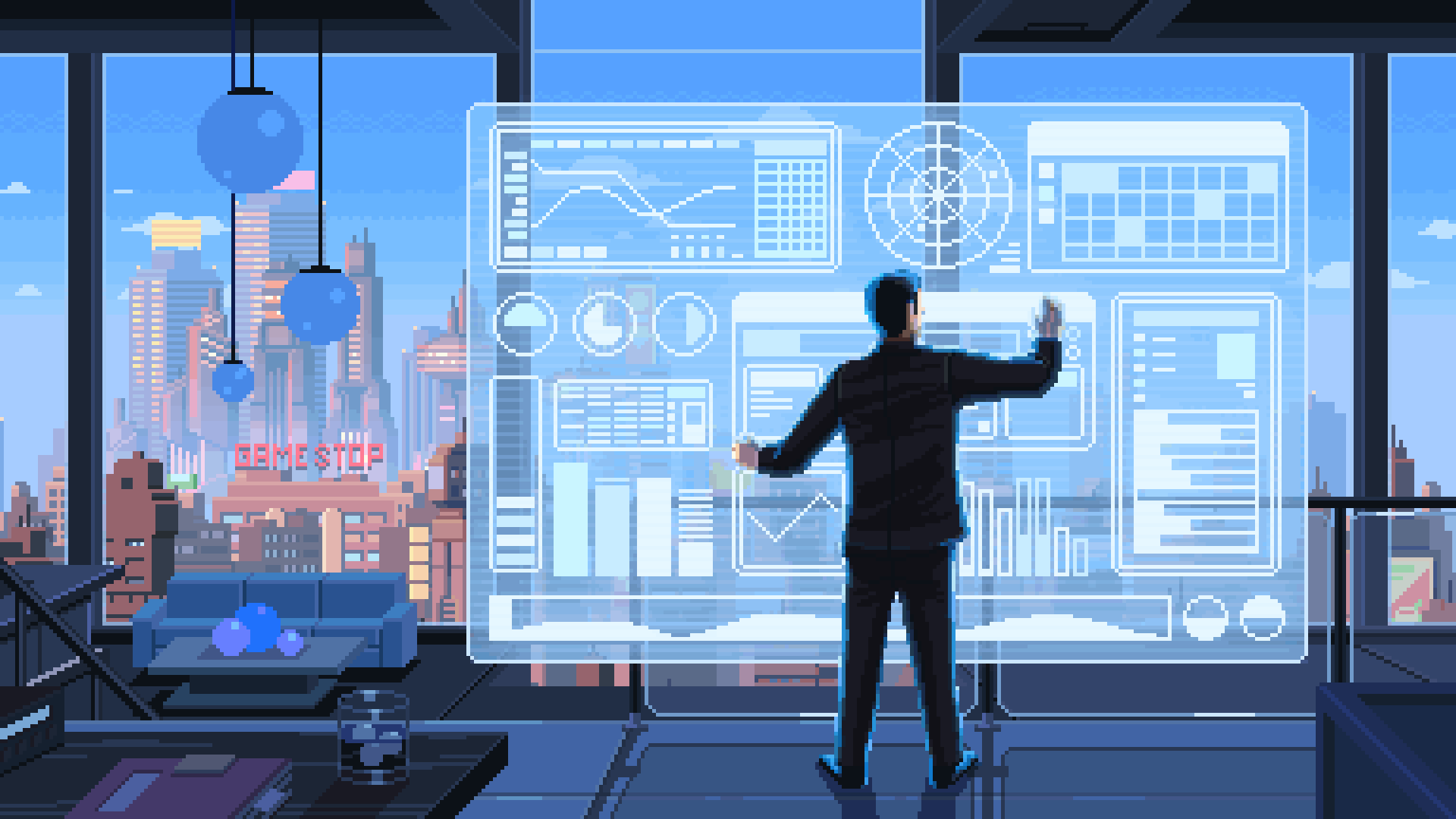 Animated pixel-art analyst using a transparent data dashboard.