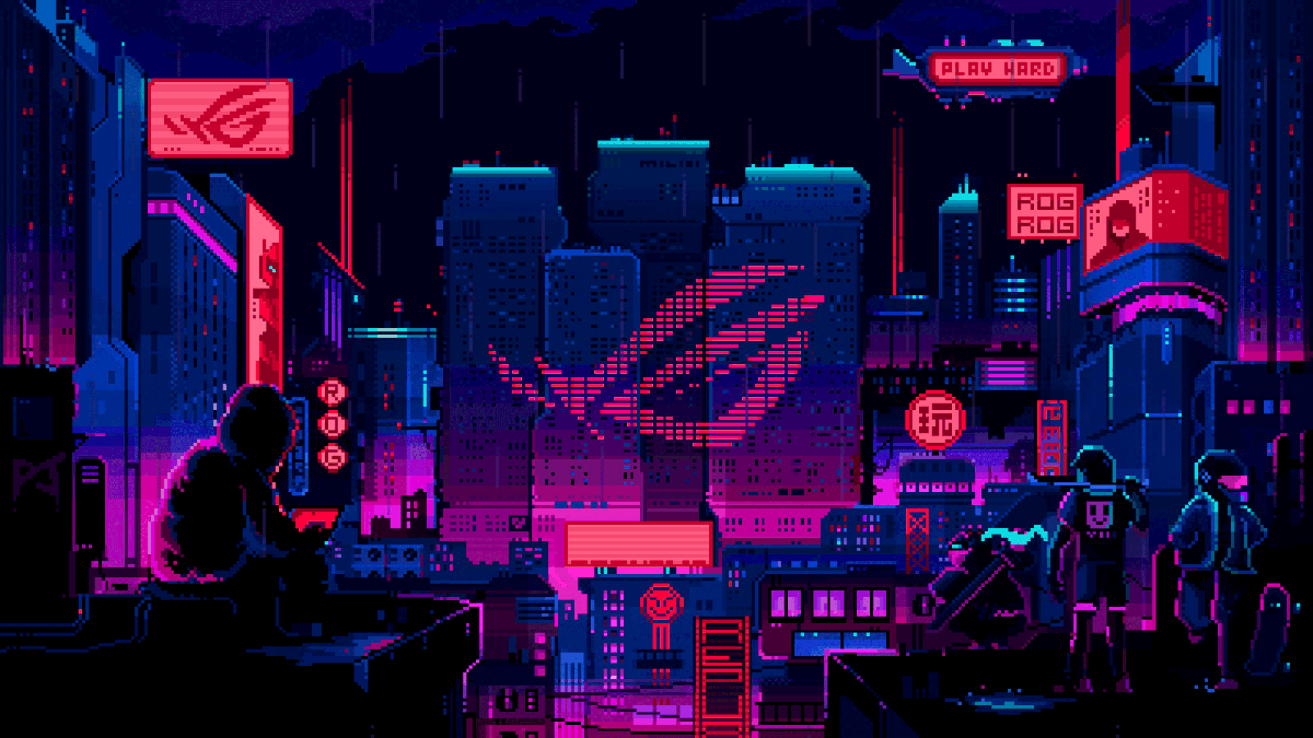 Animated neon cyberpunk cityscape.