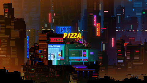 Animated neon city scene with a small pizza storefront.