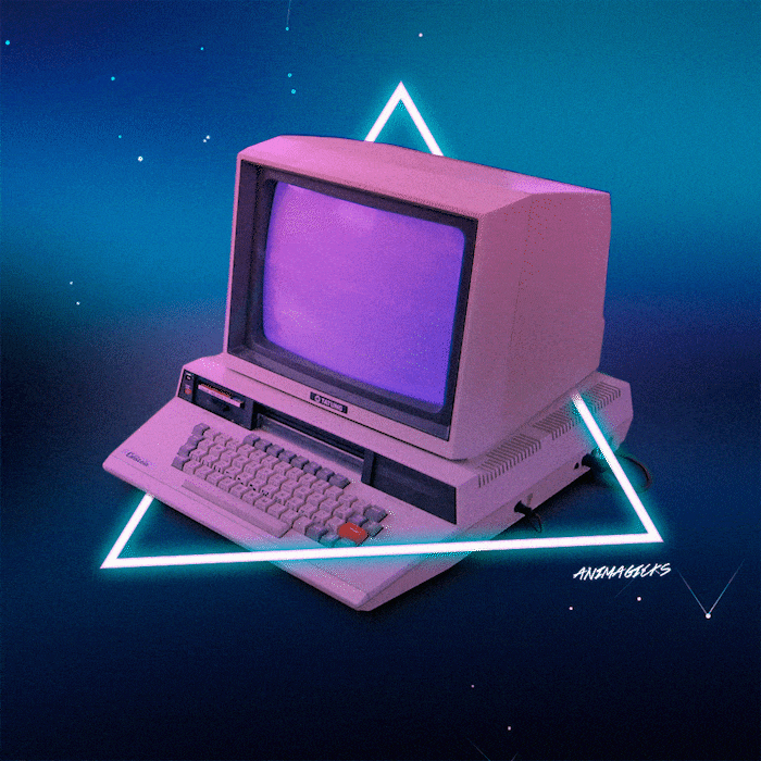 Animated neon-lit retro computer.