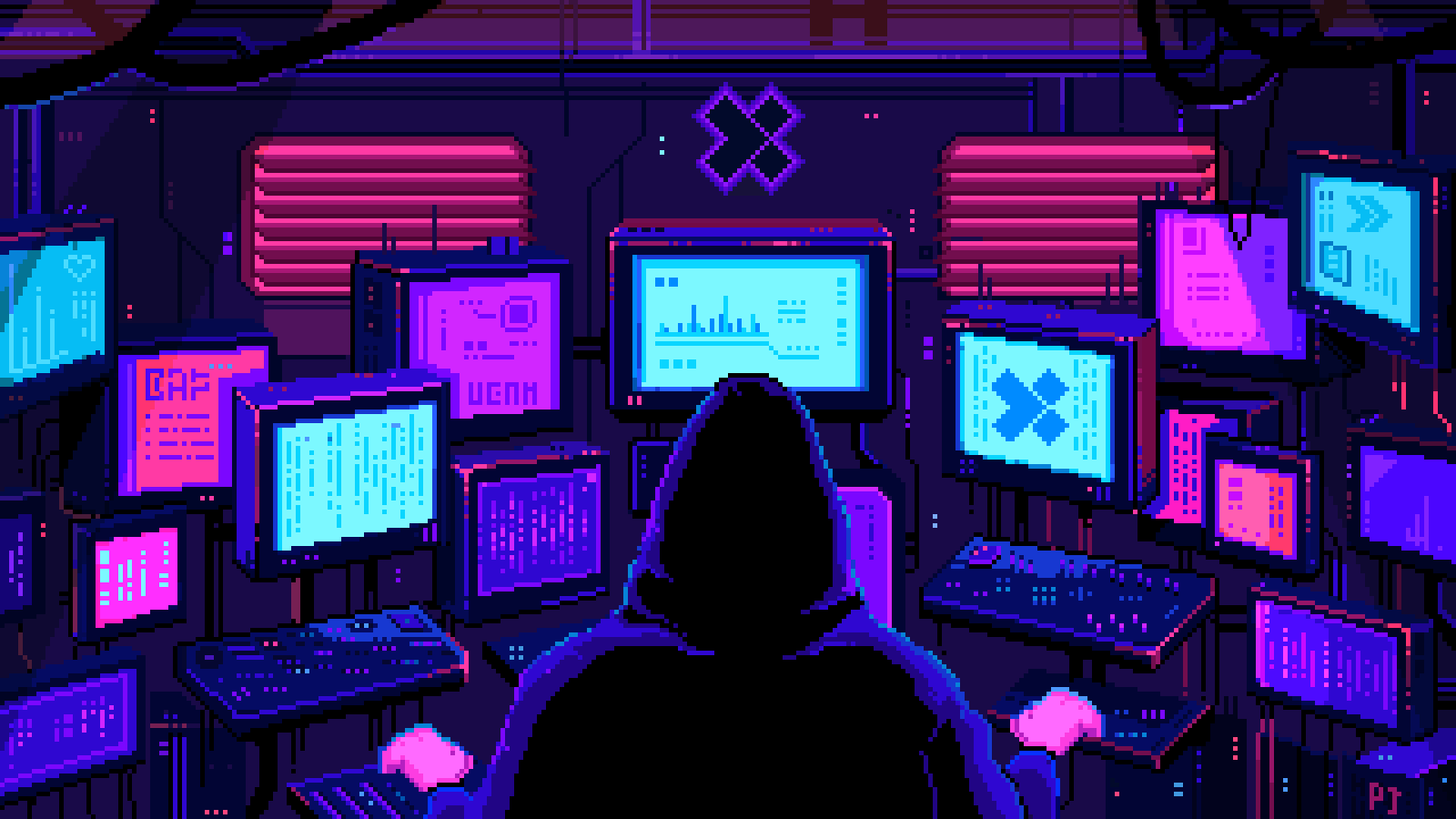 Animated pixel-art workstation with cyan and magenta monitors.