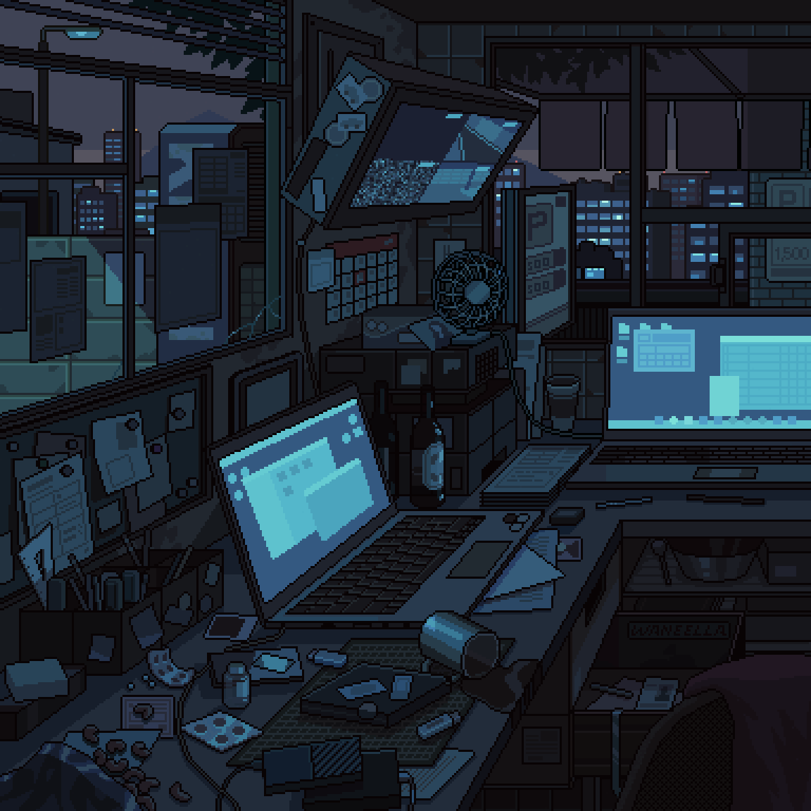 Animated dark pixel-art night laptop workspace.