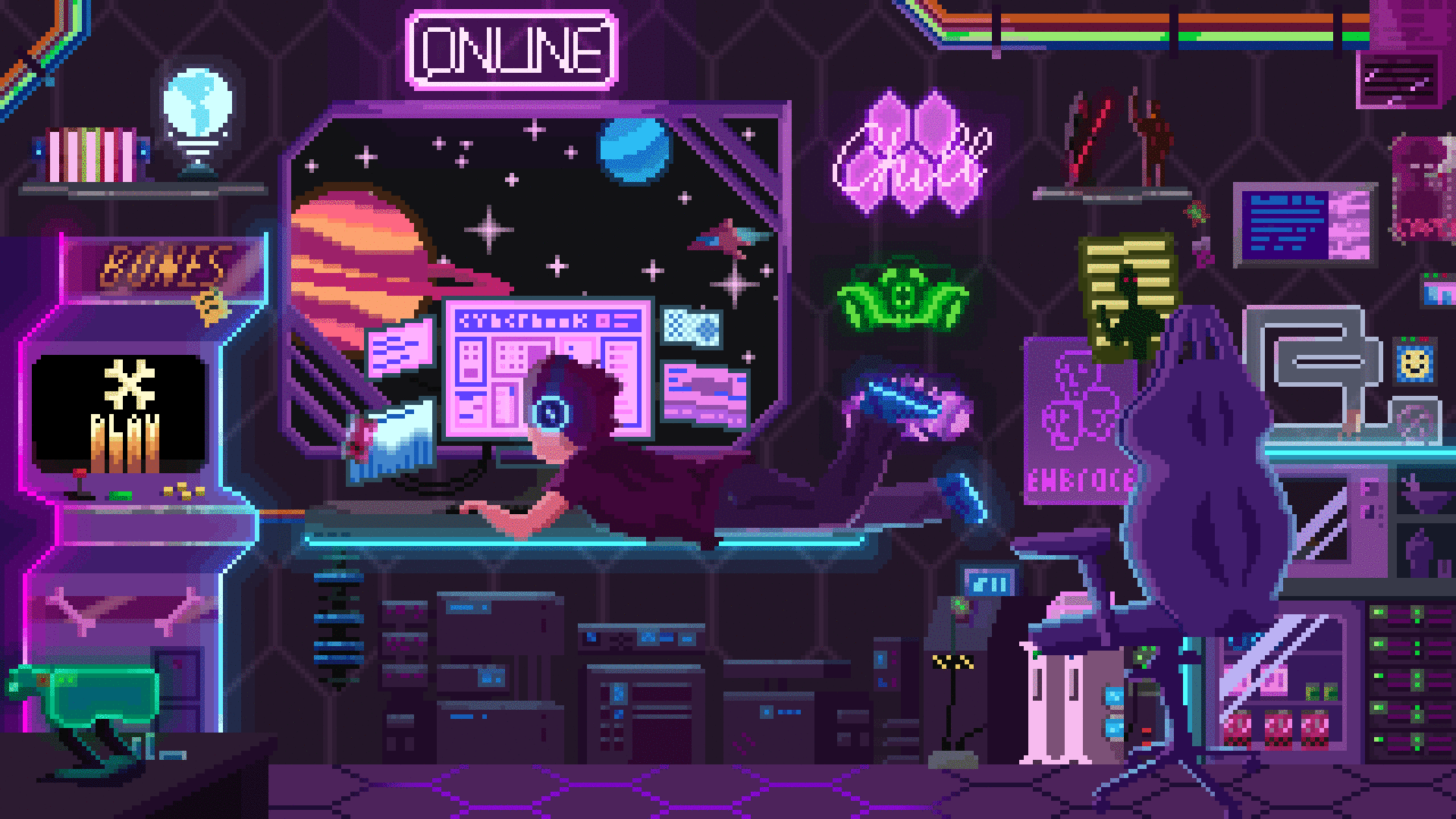 Animated pixel-art online gaming room.