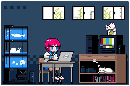 Animated pixel-art home computer workstation.