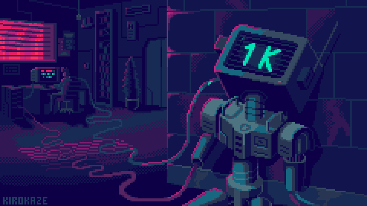 Animated pixel-art robot in a neon workshop.
