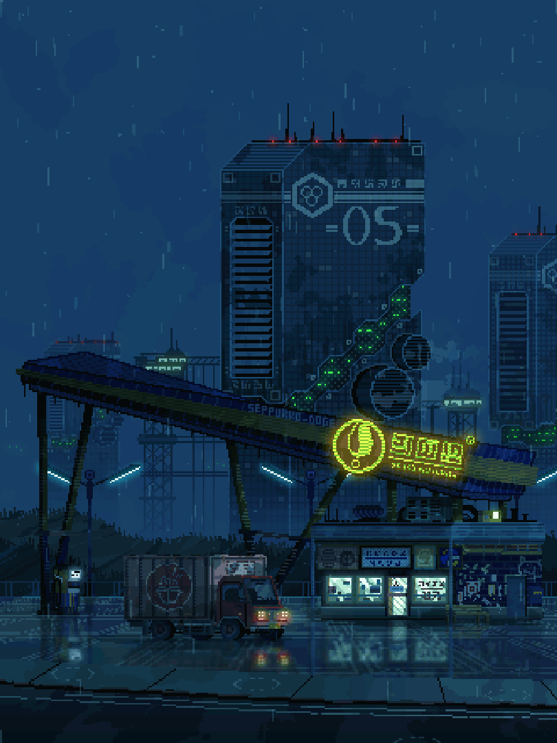 Animated rainy pixel-art city with a robot sign.