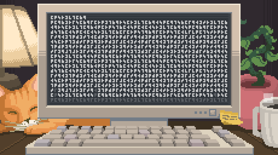 Animated retro computer with a code-filled display.