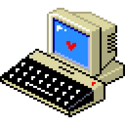 Animated pixel-art retro computer with a heart on its screen.