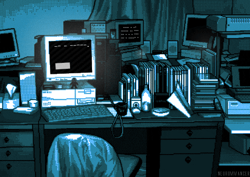 Animated blue-toned retro computer desk.