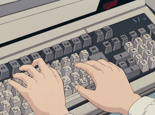 Animated close-up of hands typing on a retro computer keyboard.