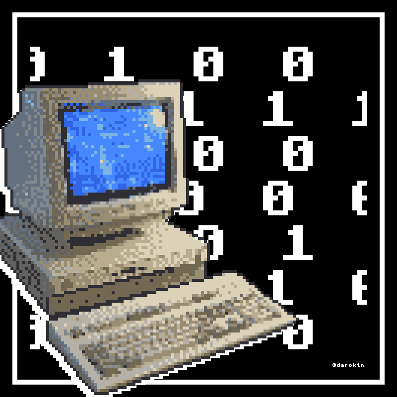 Animated retro computer beside a floating analog clock.