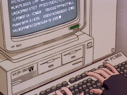 Animated vintage terminal and keyboard.